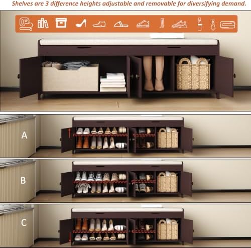 HOMEFORT 54.4" Shoe Bench with Lift Top Storage, Entryway Bench with Cushioned Seat, Wooden End of Bed Bench, Shoe Cabinet Bench with Hidden Storage Space, for Bedroom, Hallway,Espresso - Image 5