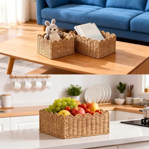 Scalloped Basket, Wicker Storage Baskets, Hand Woven Baskets for Shelves,Natural Baskets for Organizing (S+M) - Image 3