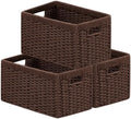 UBBCARE 3 Pack Wicker Basket, 13.4L×8.3H×7.1W inch Woven Paper Rope Storage Baskets for Shelves, Foldable Rectangular Storage Baskets with Handle, Storage Basket for Organizing, Dark Brown by UBBCARE