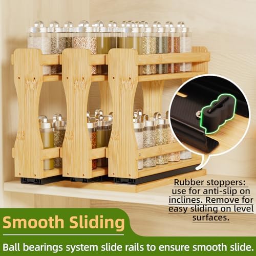 BAMEOS Pull Out Spice Rack Organizer for Cabinet, Bamboo Wide 7.7" Slide Out Seasoning Organizer for Kitchen, No Drill Anti-Tip Ball Bearing Silent Glides, Pantry Cabinet Organizer, Natural - Image 6