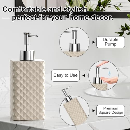 Bathroom Accessories Set Resin 6PCS, Square Toothbrush Holders Set Complete with Soap Dispenser, Vanity Tray, Tumbler, Cups and Cotton Swab Jars (Beige Diamond, Resin Bath 6 PCS) - Image 4