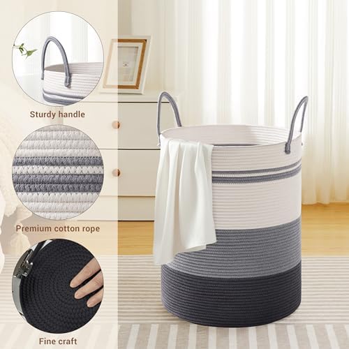58L Tall Cotton Rope Laundry Basket with Handles, Grey Striped - Image 3