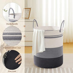 58L Tall Cotton Rope Laundry Basket with Handles, Grey Striped - Image 3