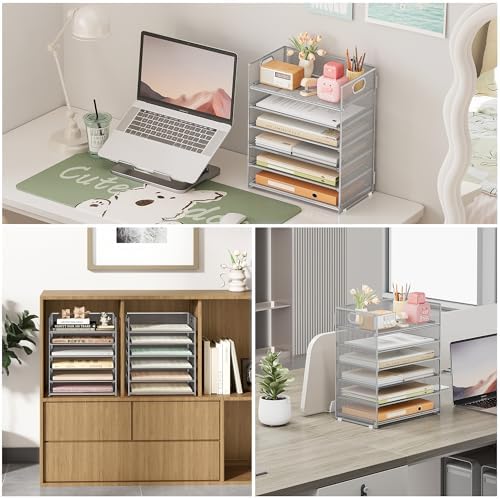 Subekyu 6-Tier Desk Paper Organizer, Desktop File Letter Tray with Handle, Document Sorter and Accessories Holder for Office, Home and School Workspace Organizers, Silver - 2 Pack - Image 3