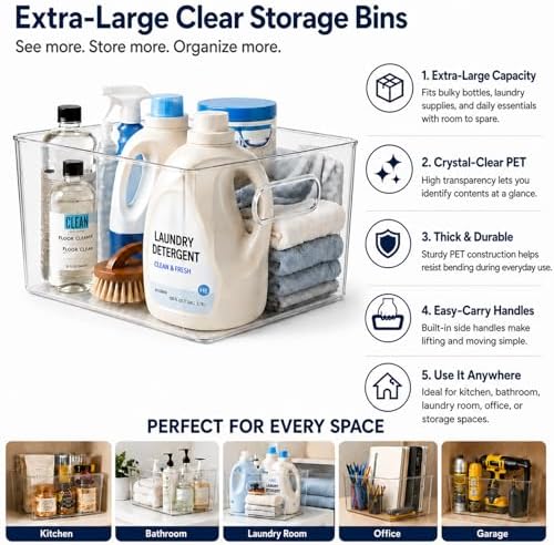 MOONEDGE 8 Pack XL Clear Storage Containers 13x10x8in Plastic Organizers - Image 4
