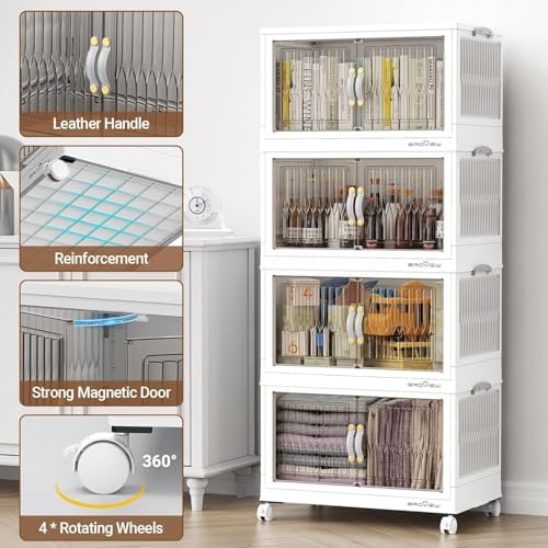 BROVIEW 400Qt Stackable Storage Bins with Lid, Extra Large Closet Organizer Collapsible Drawer Boxes with Wheels, Folding Plastic Cabinet Containers for Home Kitchen Room Organization, 5Pack White - Image 5