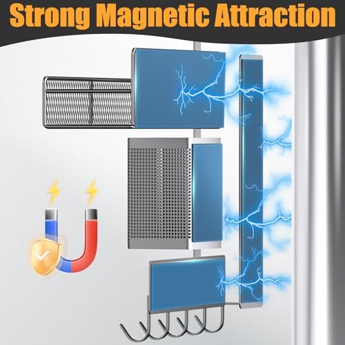 Magnetic Spice Rack for Refrigerator, 7 Pack 100% Metal Strong Magnet Shelves, Kitchen Spice Organizer W/ Hook Rack, Paper Towel Holder, Utensils Caddy, Home Laundry Room Storage Organization (Grey) - Image 3