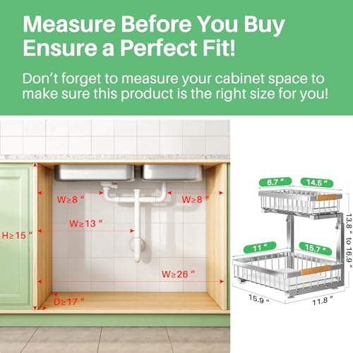 Kitstorack Under Sink Organizer, 2 Tier Under the Sink Storage, Slide out Pull out Cabinet Organizer Shelf, Metal Sliding Drawer for Kitchen Bathroom Pantry Closet Organization Rack, Silver, 2 Pack - Image 3