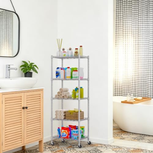 REGILLER 5-Wire Shelving Metal Storage Rack Adjustable Shelves,Standing Storage Shelf Units for Laundry Bathroom Kitchen Pantry Closet(Silver,11.8" D x 16.6" W x 53.5" H,With Wheels) - Image 7