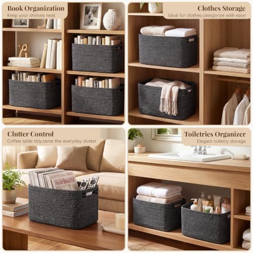 OIASKET 4Packs Natural Cotton Rope Storage Baskets for Organizing Toys, Clothes, Towels & Books, Soft Versatile Organizers for Shelves, Home Decorative Bins, 13''Lx9''Wx7.8''H, Black and White - Image 5