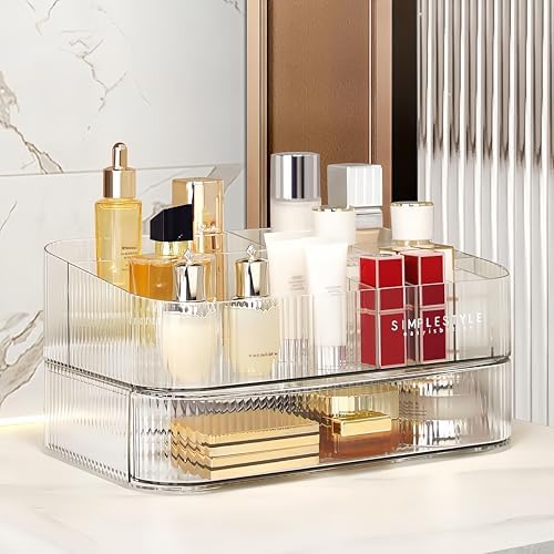 Clear Makeup Organizer for Vanity, Large Desk Organizer with Stackable Drawer for Cosmetics, Skincare, Lipsticks, Palette, Nail Care, Ideal Storage for Dresser and Bathroom Countertop by DecorcodeDecoryourhome