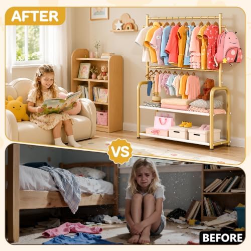 Kids Clothing Rack 2 Tier Baby Closet Gold Toddler Dress up Racks - Image 6