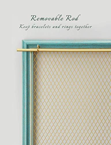 Heesch Hanging Earring Organizer Frame Wall Mounted Jewelry Holder Vintage Rustic Stud Earring Display with Removable Rod and 12 Hooks for Necklaces, Bracelets and Rings (Teal) - Image 3