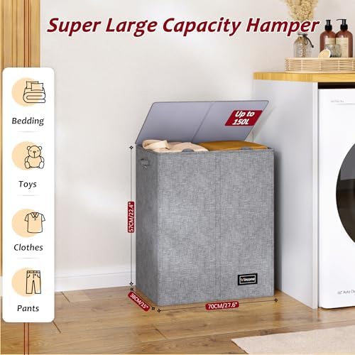 150L Laundry Hamper 2 Section, Large Laundry Hamper with Lid, Dirty Clothes Hamper with 2 Removable Inner Bags, Collapsible Laundry Basket Organizer for for Clothes Toys Towels, Hamper 2 Compartment - Image 2