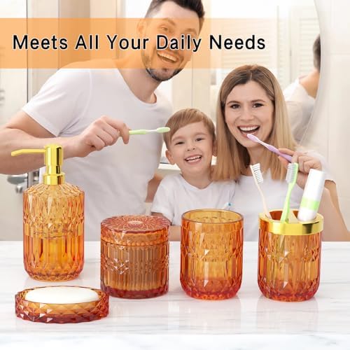Orange Glass Bathroom Accessories Set 5 Pcs, Orange Bathroom Set, Soap Dispenser and Toothbrush Holder Set, Qtip Holder Set, Vintage Bathroom Sink Set, Cute Bathroom Decor - Image 2