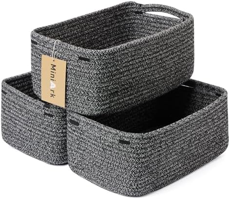 MiniArk Small Storage Baskets for Organizing | Closet Organizer Bins | Shelf Toy Basket | Woven Rope Baskets | Cube Decorative Box | Shallow Basket | 13x8.5x5.1” | 3 Packs Dark Gray by MiniArkStorageBasketsHome