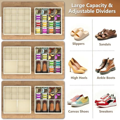 Shoe Organizer for Closet,2 Pack Foldable Shoe Storage Organizer Box Bin with Adjustable Dividers and Clear Cover, Fits up to 16-32 Pairs（Beige） - Image 2