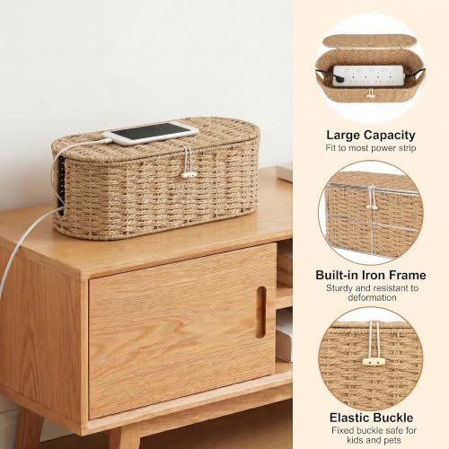 Set of 2 Cable Management Box, Handwoven Cord Hider Box with 3 Open Slots - Image 3