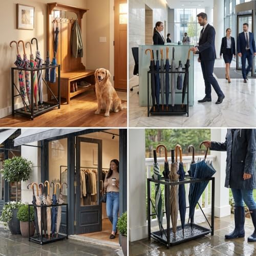 Folding Umbrella Storage Stand Rack Holder Organizer Free Standing Industrial Umbrella Rack for Entryway Home Commercial Office Hotel Entry Hallway Patio Décor with Removable Drip Tray - Image 2