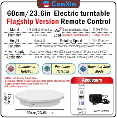 23.6In Remote Large Motorized electric turntable Rotating platform Photography Turntable Motorized lazy susan Base giratoria para for Photography,3D Scanner,Heavy duty display(Load Range:220~500lbs) - Image 2