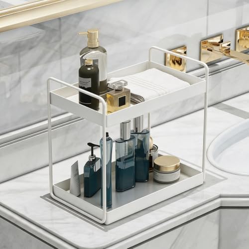 2 Tier Bathroom Counter Organizer, Vanity Storage Shelf, White - Image 3