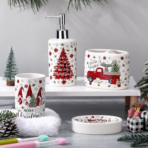 4 Pcs Christmas Ceramic Bathroom Accessories Gifts Xmas Bath Tumbler Xmas Tree Soap Dispenser Toothbrush Holder Soap Tray Merry Christmas Bathroom Decorations(Red and Black Plaid) - Image 4