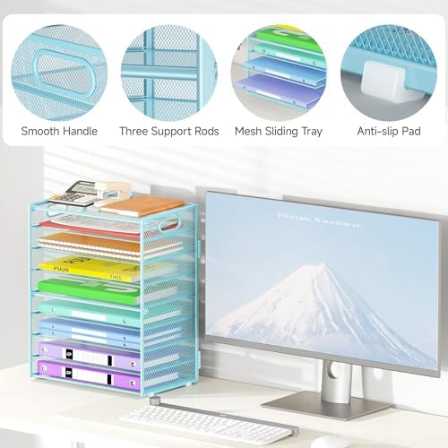 Cawukege 9 Tier Paper Organizer with Handle, Large Capacity Desk Organizer Mesh Paper Letter Tray File Folder Document Sorter for Classroom and Office Accessories Organization- Blue (2 Pack) - Image 4