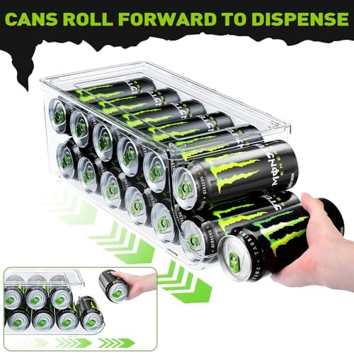 SCAVATA 4 Pack Tall Skinny Can Organizer for Refrigerator, Stackable Large Soda Cans of 16oz & 17oz Beverage Energy Drink Container Holder Dispenser with Lid for Fridge, Clear Storage Plastic Bins - Image 3
