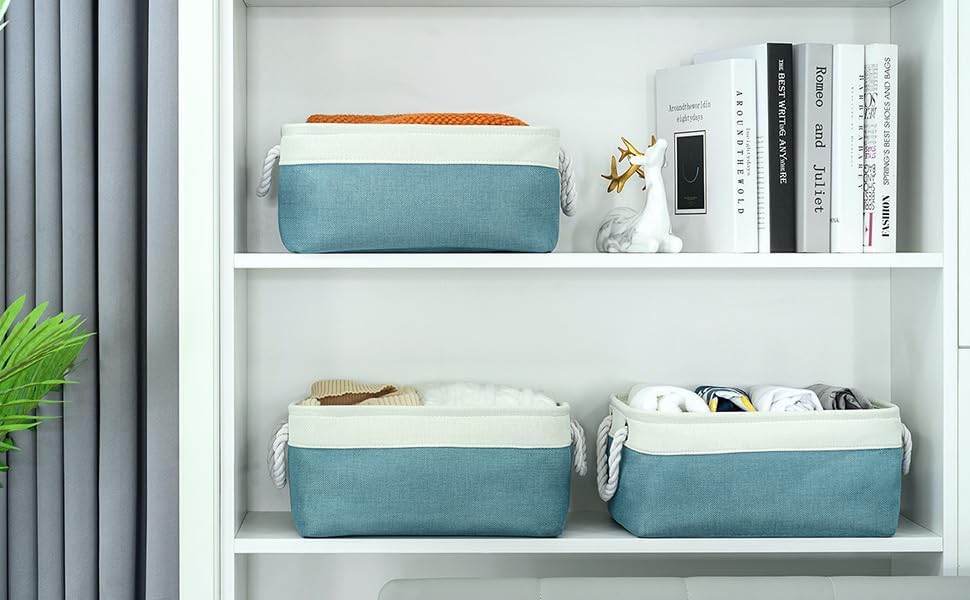 TheWarmHome Fabric Storage Bins Baskets for Organizing,Sturdy Storage Basket W/Handles, Decorative Foldable Storage Baskets for Shelves Closet Nursery Toy (White&Teal, Medium - 3 Pack) - Image 2
