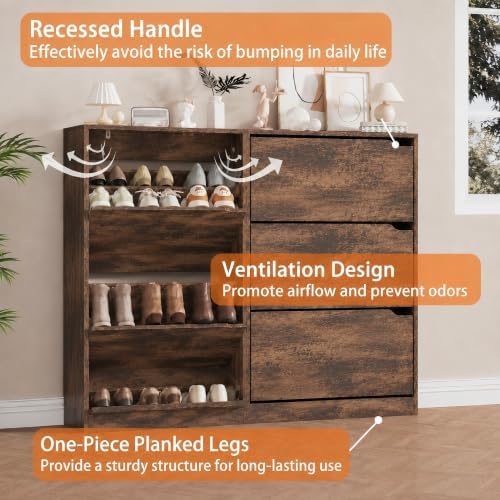 Shoe Storage Cabinet, Wood Shoe Organizer for Entryway with 3 Flip Drawers, Freestanding Shoe Rack with Adjustable Shelf, Narrow Shoe Dresser for Front Door Entrance (Brown, Regular 6 Drawers) - Image 4