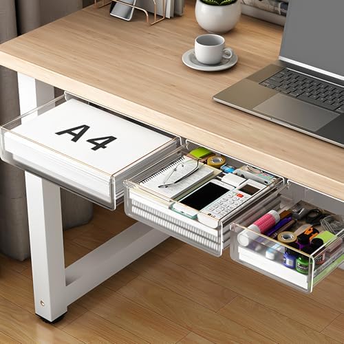 SVNNELP Under Desk Table Drawer Storage Organizer,3 Pack Small & Medium & Large Slide Out Desk Drawers - Hidden Desktop Organizer,Adhesive Storage Pencil Tray Under Table(Clear/LMS) by SVNNELP