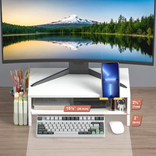 TEAMIX 2-Tier White Monitor Stand Riser with Phone Holder&Clear Pen Holder - Image 2