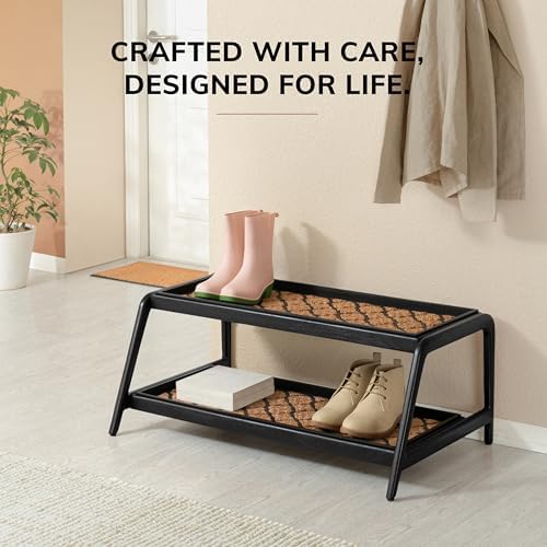 Anji Mountain Heavy Duty Waterproof Wooden Shoe Storage Mat Organizer/Boot Storage Tray Multi Use for Entryway with Coir, Tan and Black Trellis Insert, 2 Tier, Fits 6 Pair (36.5" Wide) - Image 5