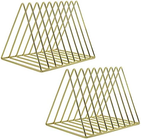 EASEPRES 9 Slot Magazine Rack Book Record Holder, Desktop Iron Storage Rack Bookshelf Multifunction Triangle File Organizer Sorter for Decor Home Office, Golden Pack of 2 by EASEPRES