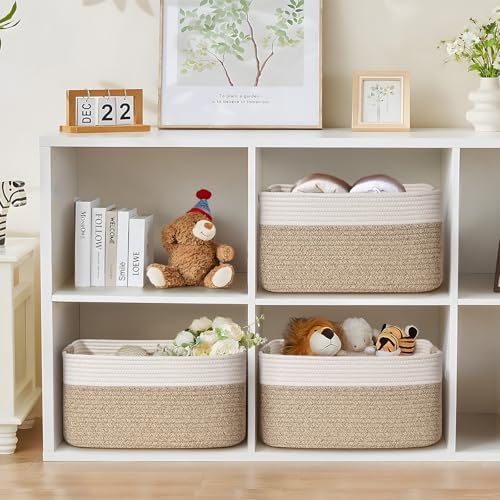 2 Pack Large Storage Basket for Organizing, 17.5"x13"x7" Woven Basket for Shelves, Closet Cube Storage Bins with Wrapped Handle, Cotton Rope Baskets for Kitchen, Clothes, Toys(Off White & Brown) - Image 5