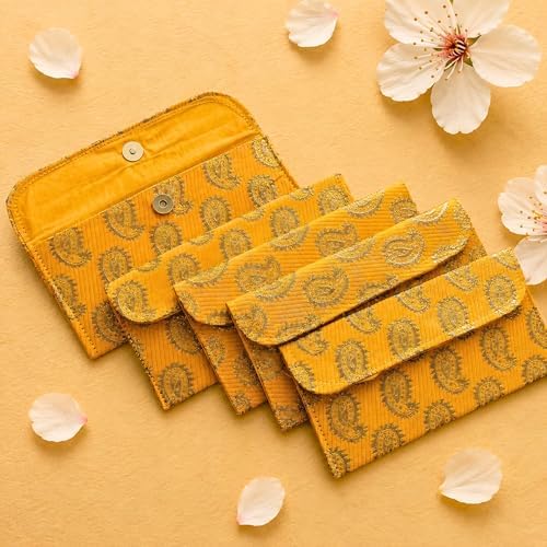 LoveNspire Brocade Fabric Money Envelopes (7.5 x 3.5 Inch) Decorative Paisley Pattern Shagun Lifafa for Indian Wedding, Birthday | Cash Gift Holder & Home Savings Organizer Yellow/Pack of 10 by LOVENSPIRE