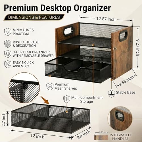 Wood Desk Organizer - 3-Tier Desktop File Organizer with Drawer, Wooden Paper Tray, Office Desk Organzier and Accessories for Papers, Mail, Notebooks, Stationery - Image 3
