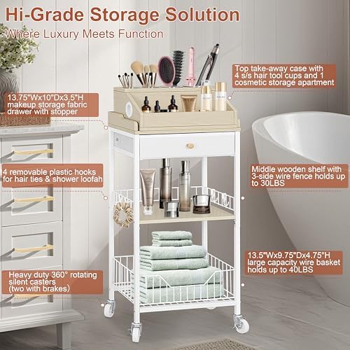 Makeup Organizer Cart, Removable Display Case, White and Natural - Image 3