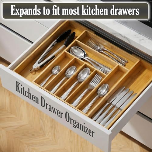 9-Slots Bamboo Drawer Organizers for Kitchen, Expandable Silverware Drawer Organizer, Multipurpose Utensil Organizer for Kitchen Drawers, Large Cutlery Drawer Organizer for Spoons, Forks & Knives - Image 2