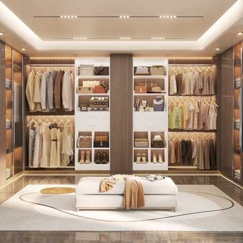 Besiost Closet System, 4-8 FT Closet Organizer Tower with 2 Wooden Drawers and 5 Hanging Rods, Can Fit 60 to 96 inch Walk-in Closet System, White - Image 6