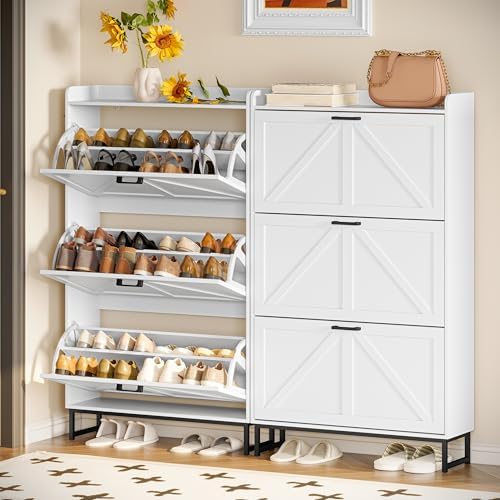 Wodeer Shoe Cabinet Storage for Entryway, Shoe Storage Cabinet with 4 Flip Drawers, Freestanding Narrow Shoe Rack Organizer with Metal Legs, Adjustable Shelves & Open Storage for Foyer, Hallway, White - Image 3