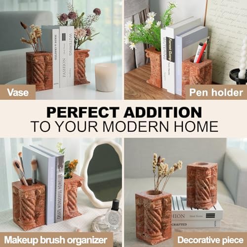 Decorative Roman Column Book Ends & Vase - Heavy Duty Marble Book Ends for Heavy Books, Vintage Home Office Decor, Dual Use as Flower Vase, Natural Stone Bookends for Shelves (2PC, Red) - Image 6