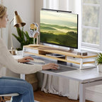 Fenge Dual Monitor Stand Riser, 42.5in Desk Shelf with 2 Drawers, Dark Oak - Image 2