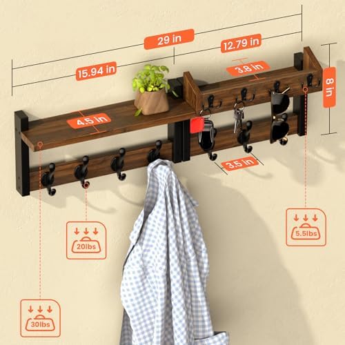 29'' Rustic Coat Rack Wall Mount with Shelf, Solid Wood Coat and Key Hanger with 11 Metal Hooks, Farmhouse Wall Organizer for Mail, Entryway Wall Hangers for Hats, Clothes, Backpacks, Mudroom - Image 5
