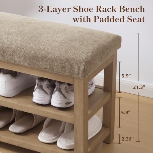 Zihanhome 2 Tier Shoe Rack Bench with Cushion, Solid Wood Shoe Benches, Mid-Century Modern Shoe Storage Bench for Entryway, Hallway, Living Room, Closet, Front Door Entrance, (Brown, 31.5") - Image 5