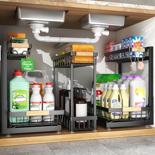 Sevenblue 3-Pack 2-Tier Height Adjustable Under Sink Organizer, Black by Sevenblue