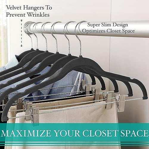 Simplify 24 Pack Velvet Hangers with Clips | Skirt and Pants | Slim Space Saving | Closet Organization | Non-Slip | Prevent Creases | Swivel Neck | Durable | Black - Image 4