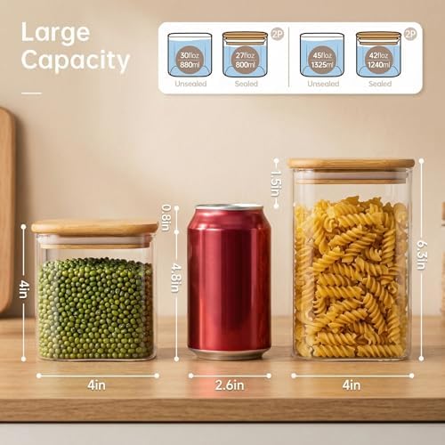 42 oz & 27 oz Square Glass Food Storage Containers with Bamboo Lids, 4 Pack - Image 3