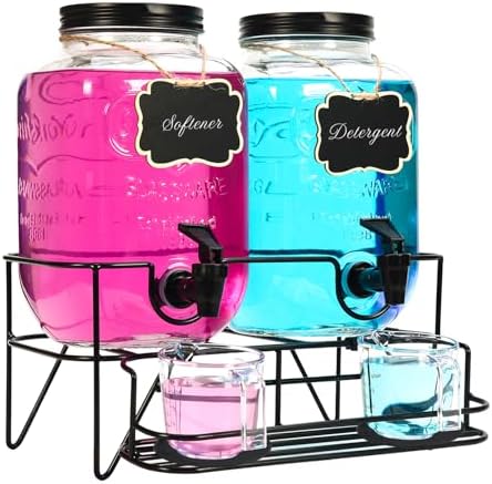 Roetell 2 Sets 1 Gallon Laundry Detergent Dispenser with Stand, Measuring Cup, Glass Laundry Detergent Containr for Laundry Room Organization by Roetell