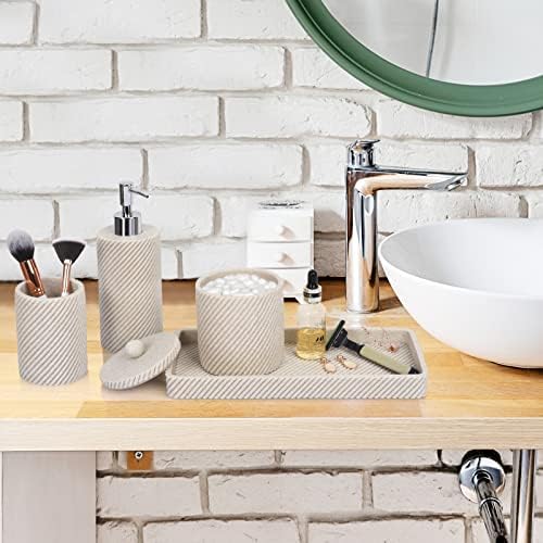 Beige Bathroom Accessories Set 4 Pcs - Toothbrush Holder,Lotion Soap Dispenser,Qtip Holder Dispenser,Vanity Tray for Countertop Vanity Organizer,Bathroom Accessory Set - Image 3